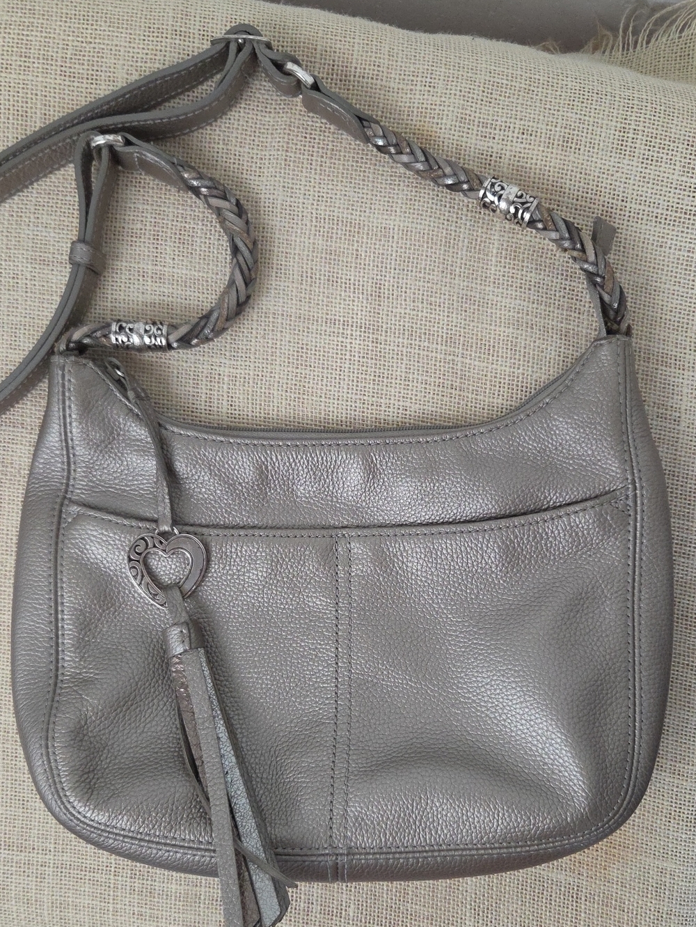Brighton Metallic Gray Leather Shoulder Or Crossbody Bag with Braided Strap
